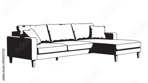 Modern L-Shaped Sofa with Cushions and Ottoman in Living Room Setting.