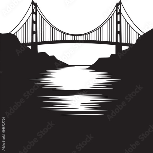 Silhouette of a suspension bridge crossing water between landmasses in black and white scenery