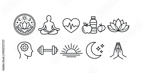 Collection of simple line icons representing personal wellbeing and healthy lifestyle choices