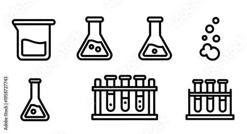 Chemistry Laboratory Equipment Outline Icons Set. Science Lab Glassware, Beaker, Flasks, Test Tubes, and Reaction Bubbles Vector Illustration.