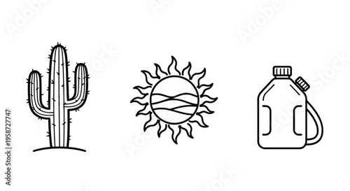 Outline vector icons of desert survival: cactus, sun, and jerry can. Illustration for travel, adventure, and heat concepts.