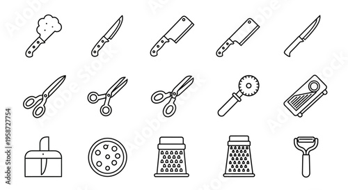 Collection of kitchen utensils and cooking tools line art icons. Includes knives, cleavers, shears, graters, peelers, and a pizza cutter for food preparation.
