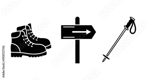 Hiking and Trekking Gear Icons Set: Boots, Signpost, and Trekking Pole for Outdoor Adventure and Navigation