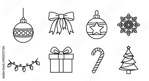 Vector outline Christmas holiday icons set. Festive line art collection with winter decorations, ornaments, gift, bow, tree, and snowflake.