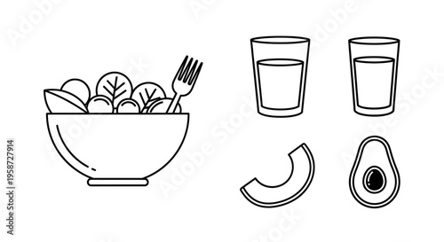 Healthy Food and Drink Vector Icons Set with Salad Bowl, Fresh Avocado Slices, and Water Glasses in Outline Style