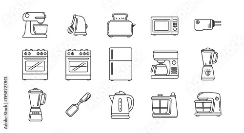 Kitchen Appliances Line Icons Set. Collection of Outline Vector Graphics for Home Cooking, Food Preparation, and Household Electronics