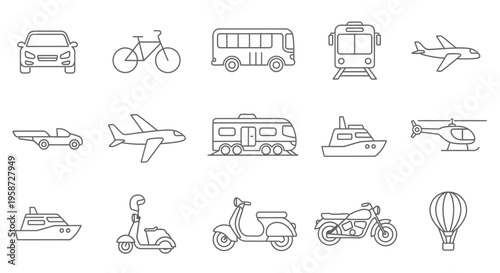 Outline vector icons set of various transportation modes and vehicles for travel, delivery, and mobility solutions.