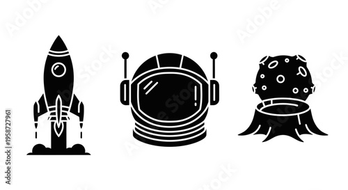 Black silhouette icons of a launching rocket, astronaut helmet, and planetary body. Space exploration and cosmic travel vector set.