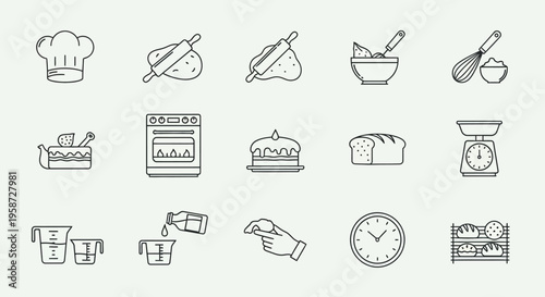 Baking and Cooking Line Icons Set. Outline Vector Collection of Kitchen Utensils, Food Preparation, and Bakery Elements. Flat Design.
