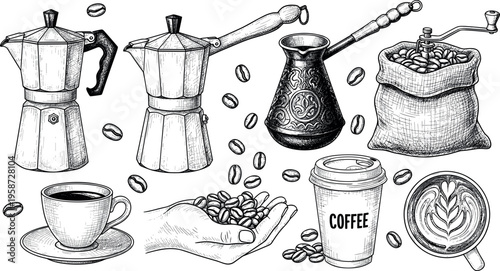 Hand drawn coffee set with moka pot cezve cup beans and grinder in vintage engraved style vector illustration isolated on light background for cafe design