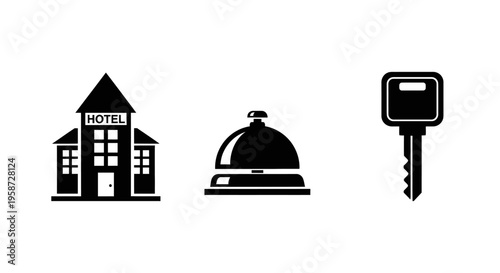 Hotel hospitality icons: building, service bell, and key symbols for accommodation, travel, lodging, and booking services.