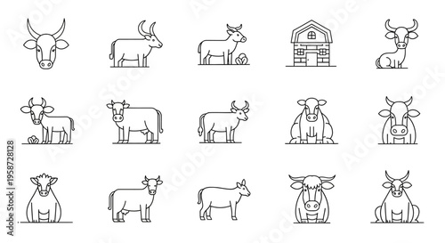 Cow and Bull Farm Animal Line Icons Set. Outline Vector Illustrations of Cattle, Calves, and Barn for Agriculture and Dairy Industry