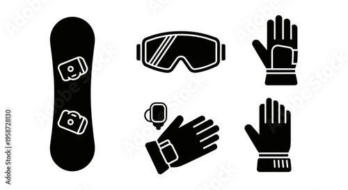 Snowboarding equipment black silhouette vector icons set. Winter sports gear including snowboard, goggles, and gloves.
