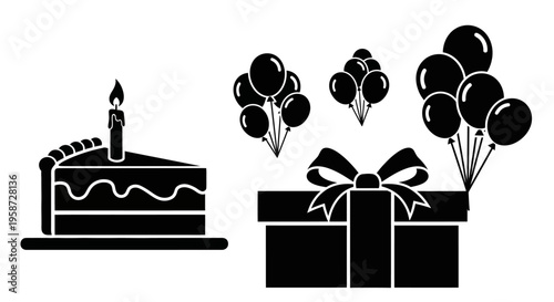 Birthday party and celebration vector icons set with cake slice, lit candle, balloons, and gift box silhouettes.