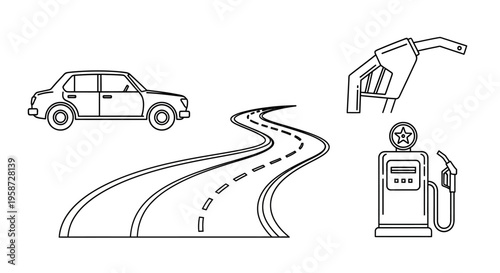 Transportation and Fuel Icons Set. Line art illustration of a car, winding road, gas pump nozzle, and retro fuel station.