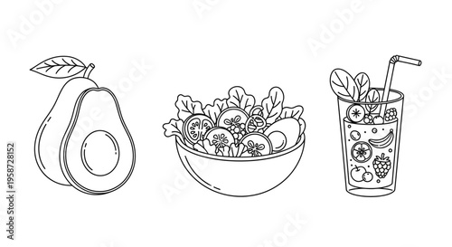 Healthy Food Line Art Set: Fresh Avocado, Mixed Green Salad Bowl, and Fruit Smoothie Drink Outline Vector Illustrations