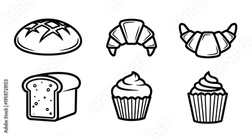 Monochrome vector line art set featuring various baked goods: artisan bread loaves, classic croissants, and sweet frosted cupcakes.