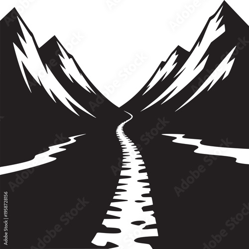 A black and white illustration of a mountain range with a river running through the valley floor
