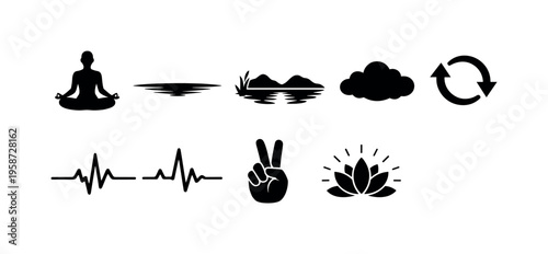 Collection of simple black icons representing wellness, nature, and positive symbols