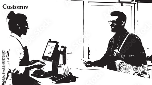 Customer Service Interaction at a Retail Counter with Employee and Customer Engaged in Conversation.