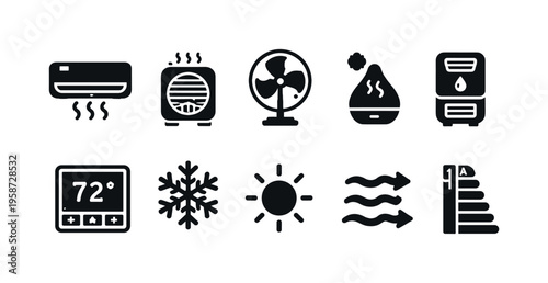 Collection of climate control and air quality icons for modern technology and home comfort