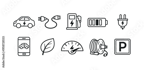 Collection of simple line icons representing electric vehicle charging and sustainability