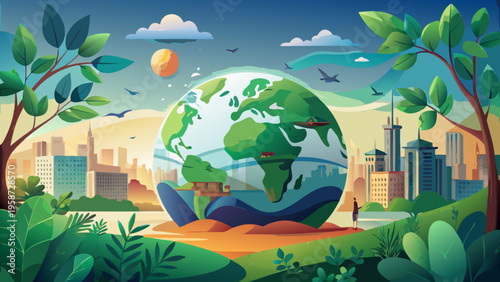 Eco friendly globe, green environment, sustainable city, vector illustration