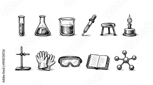 Collection of hand-drawn scientific laboratory equipment and tools for experiments
