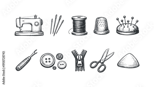 Collection of hand-drawn sewing tools and notions for crafting and tailoring projects