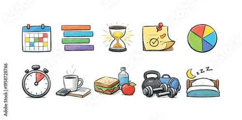 Daily routine icons: planning, work, fitness, and rest for a balanced lifestyle