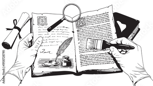 Open book with magnifying glass, pen, and smartphone on desk for research or study.