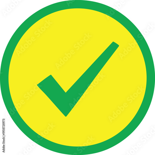 Green check mark on yellow circle with green border tick correct