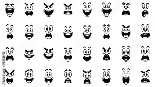 Various cartoon faces with different emotions and expressions