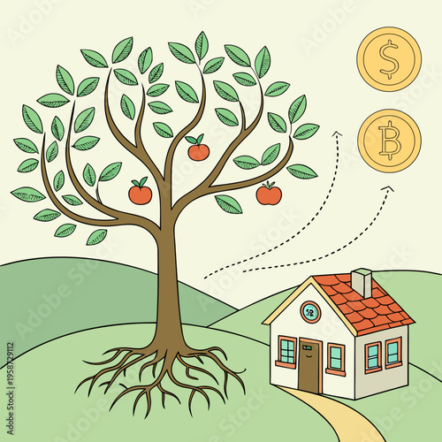 A tree with apples growing near a house with money