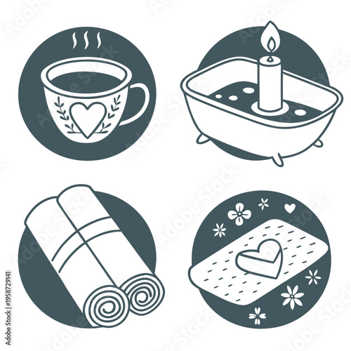 Spa and wellness icons featuring a cup, bath, towels, and soap