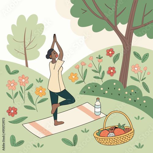 Woman in tree pose on yoga mat in park