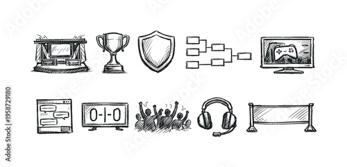 Hand-drawn icons representing esports, gaming, and competition elements