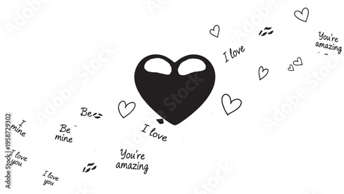 Black Heart with Love Messages and Doodles on White Background.