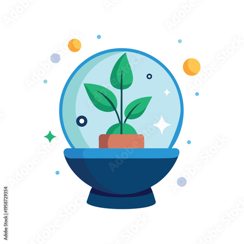 Stylized illustration of a small green plant growing inside a blue glass dome with colorful circles