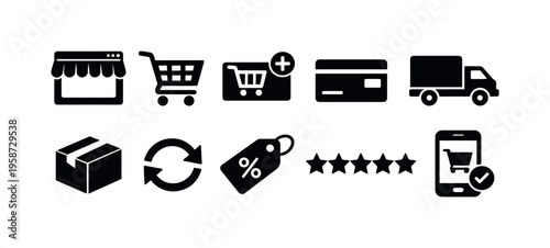 Collection of e-commerce icons representing online shopping, delivery, and customer satisfaction