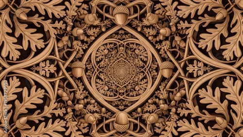 Intricate Golden Oak Leaf and Acorn Pattern - A Luxurious Art Nouveau Design