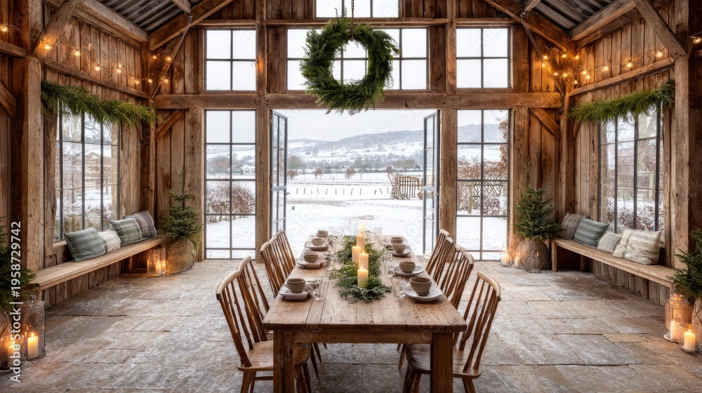 Fototapeta premium Cozy Countryside Dining Hall Decorated for Winter Celebration Gathering