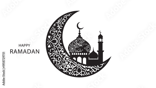 Ramadan Islamic Celebration with Crescent Moon and Mosque Illustration.