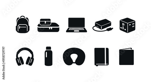 Collection of minimalist travel essentials icons for journeys and trips