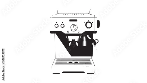 Black and White Illustration of a Coffee Maker with Steam and Cup on Top.