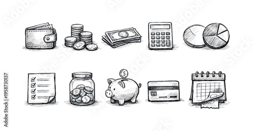 Hand-drawn icons representing financial planning, savings, and budgeting concepts