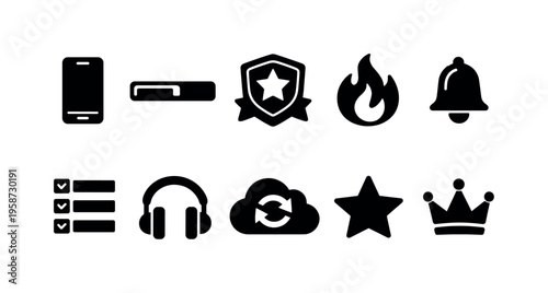 Collection of diverse black icons representing common digital interface elements and concepts