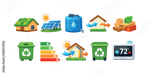 Sustainable architecture icons representing eco-friendly home energy and resource management