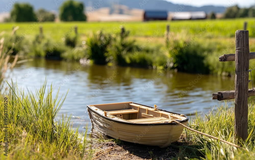 Obraz premium Serene Farmland Scene with Irrigation Pond and Small Boat by the Water