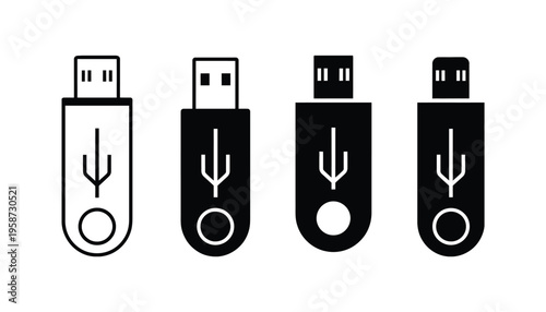 USB Flash Drive Icons Set, Collection Of Four Black And White USB Memory Stick Symbols In Clean Minimal Style, Portable Data Storage Icons For Technology UI Design, Computer Hardware Graphics
